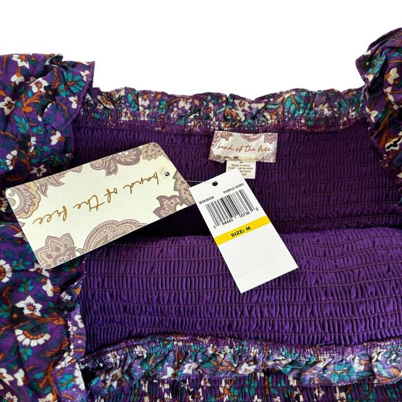 Band of the Free Agathe Purple Boho Floral Print Smocked Long Sleeve Top Medium - Picture 6 of 8
